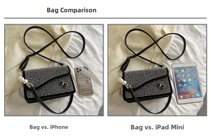 Black rhinestone crossbody bag size comparison with smartphone and tablet devices
