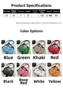 Size chart and dimensions for the studded punk shoulder bag with various color options
