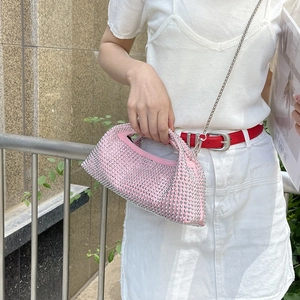 Sparkling pink rhinestone evening bag with silver chain strap and top handle for women