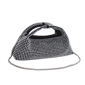 Sparkling black rhinestone evening clutch bag with silver chain strap for women