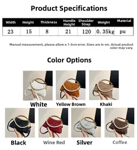 Detailed dimension guide and color chart for women's shell bag with pearl handle and pleats
