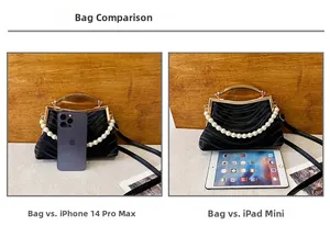 Size comparison of black shell bag with iPhone 14 Pro Max and iPad mini device