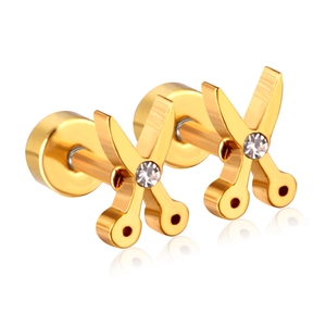 Creative scissor shaped gold stainless steel stud earrings with crystal center stone