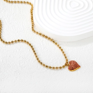 Elegant 18k gold plated stainless steel heart necklace with pink pavé crystal pendant