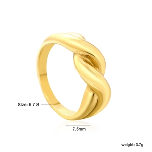 Bague torsadée en acier inoxydable doré de 7,5 mm de large avec finition polie lisse