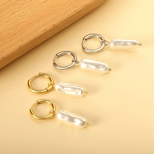 Artificial Baroque Pearl Hoop Earrings Stainless Steel Irregular Bar Dangle Hypoallergenic French Style Elegant Women Jewelry