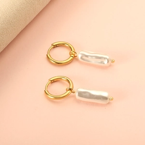 French luxury gold hoop earrings with white baroque pearl pendants for women