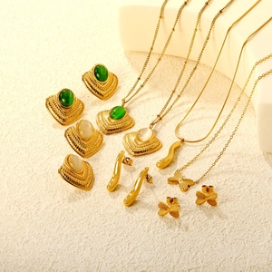 Stainless Steel Necklace And Earrings For Women Gold Plated Vintage Butterfly Heart Cat Eye Stone Liquid Metal Wave