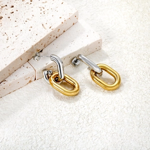 Modern two-tone geometric chain link earrings in gold and silver stainless steel
