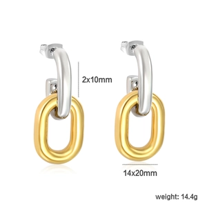 Two-tone stainless steel geometric hoop earrings with dimensions and weight measurements