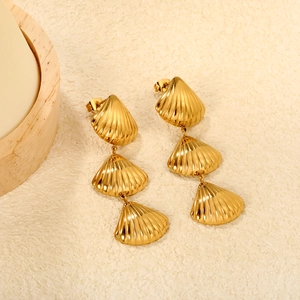 Polished 18K gold plated stainless steel triple shell tassel drop earrings for women