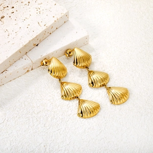 Golden stainless steel shell tassel drop earrings with triple seashell design on stone