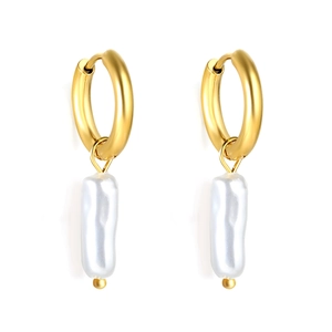 Elegant gold hoop earrings featuring long baroque white pearls in a minimalist design