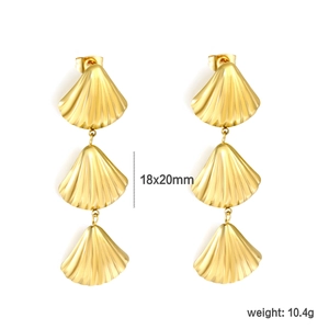 Golden stainless steel triple shell drop earrings with elegant beach style tassels