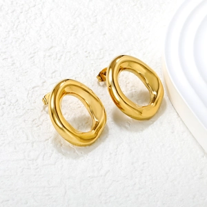 Minimalist 18k gold plated irregular oval stud earrings with polished hammered texture