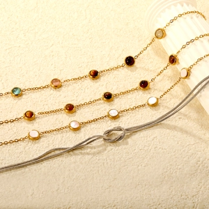 Stainless Steel Bracelet 18K Gold Plated Tiger Eye Cat Eye Stone Double Layer Snake Chain Knot Charm Adjustable Women
