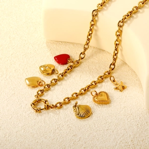 18K gold plated stainless steel chunky chain necklace with heart and seashell charms