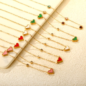 Stainless Steel Heart Pendant Necklace For Women Gold Plated With Colorful Stones French Style Summer Daily Jewelry