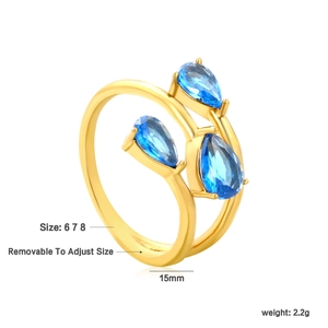Adjustable three-stone open ring with blue pear-shaped crystals in gold finish