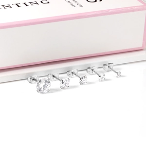 Set of five silver stainless steel stud earrings with round clear cubic zirconia