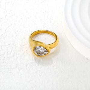Minimalist 18k gold plated stainless steel ring with pear cut cubic zirconia stone