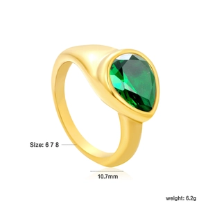 Detail view of gold ring with green pear-shaped zircon showing 10.7mm width and size info