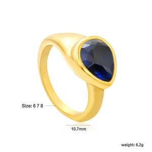 18k gold plated stainless steel ring with pear-cut blue crystal and size measurements