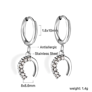 Vue macro de boucles d'oreilles en U en acier inoxydable avec diamants et tailles