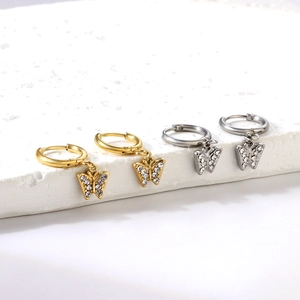 Boucles d'oreilles créoles papillon en acier inoxydable avec cristaux en or et argent