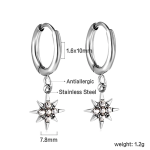 Détail des boucles d'oreilles en acier inoxydable argenté avec pendentif étoile et dimensions