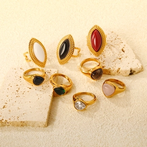 Vintage Gemstone Ring 18K Gold Plated Stainless Steel Wide Band Marquise Pear Shape Boho Retro Jewelry For Women