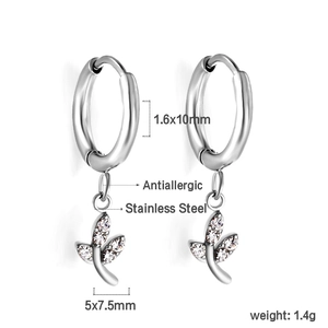 Détails de boucles d'oreilles en acier inoxydable avec pendentif feuille et zircons