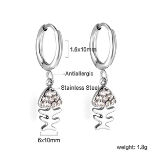 Boucles d'oreilles arête de poisson en acier inoxydable avec zircons blancs