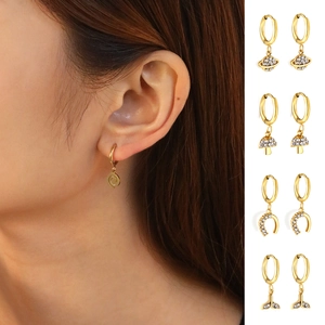 Boucles D Oreilles Créoles En Acier Inoxydable Plaqué Or Zircone Pendentif Planète Coeur Champignon Papillon Étoile Femmes