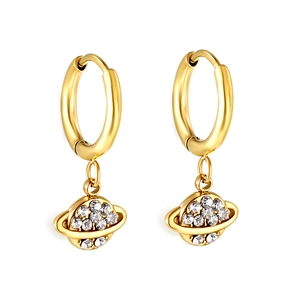 Boucles d'oreilles planétaires dorées avec cristaux blancs et pendentif Saturne