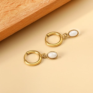 Elegant gold oval faux pearl hoop earrings for women with stainless steel geometric design