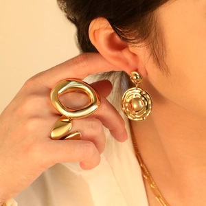Geometric Earrings And Rings Stainless Steel 18K Gold Plated Irregular Lava Texture Retro Fashion Jewelry For Women