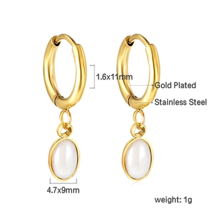Detail showing 1.6x11mm gold plated stainless steel hoops with oval pearl charms