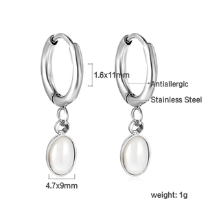 Detail view of hypoallergenic stainless steel earrings with white faux pearls and dimensions