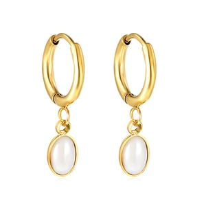Minimalist gold hoop earrings with oval faux pearl charms on a reflective white background