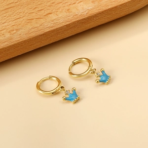 Roestvrijstalen Creolen Met Blauwe Emaille Kroonhanger En Strass Schattige Mode Sieraden Voor Dames En Meisjes