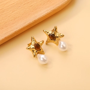Retro Starfish Dangle Earrings With Stainless Steel Earring Post Tiger Eye Stone And White Faux Artificial Baroque Pearl For Women