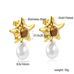 Gold starfish earrings with brown cat-eye stone and baroque pearl drops for women