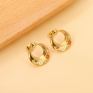 Stainless Steel Gold Plated C Shaped Hoop Earrings With Enamel Flower Pattern And Sparkly Rhinestone For Women Elegant Fashion