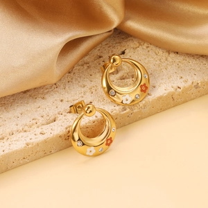 Elegant gold oval hoop earrings with colorful flowers and micro crystals on stone