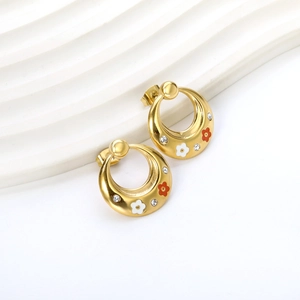 Gold oval hoop earrings with colorful daisy flowers and sparkling crystal rhinestones