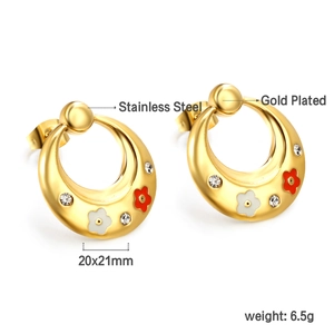 Gold plated stainless steel oval hoop earrings with colorful flowers and crystals