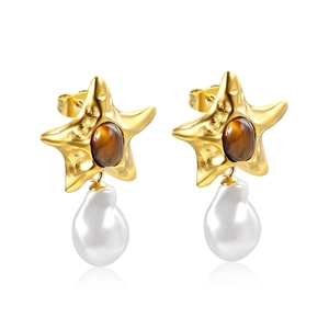 Golden starfish earrings with brown cat-eye stone and white baroque pearls for women