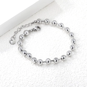 Polished silver stainless steel bead bracelet with lobster clasp and extension chain