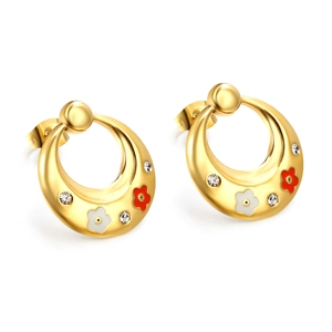 Oval gold earrings with red and white enamel flowers and clear cubic zirconia stones